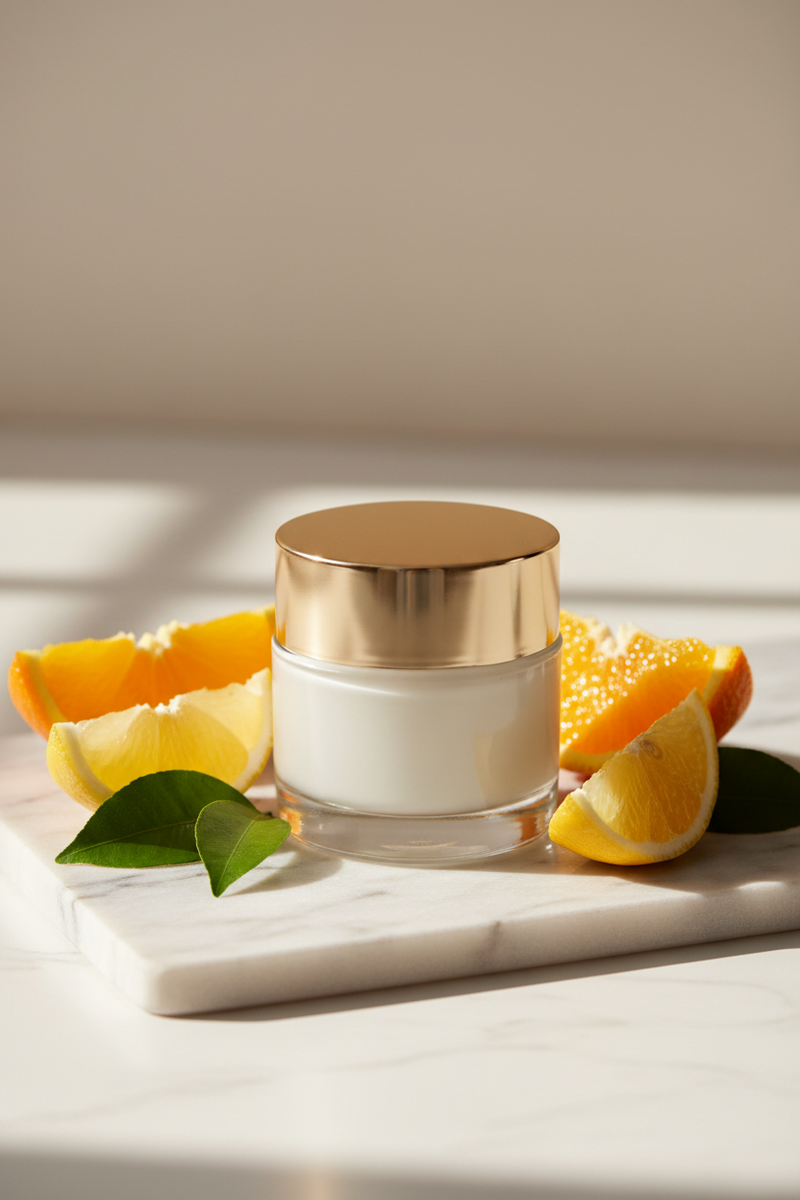 Brightening Vitamin C Moisturizer with fresh citrus on marble surface